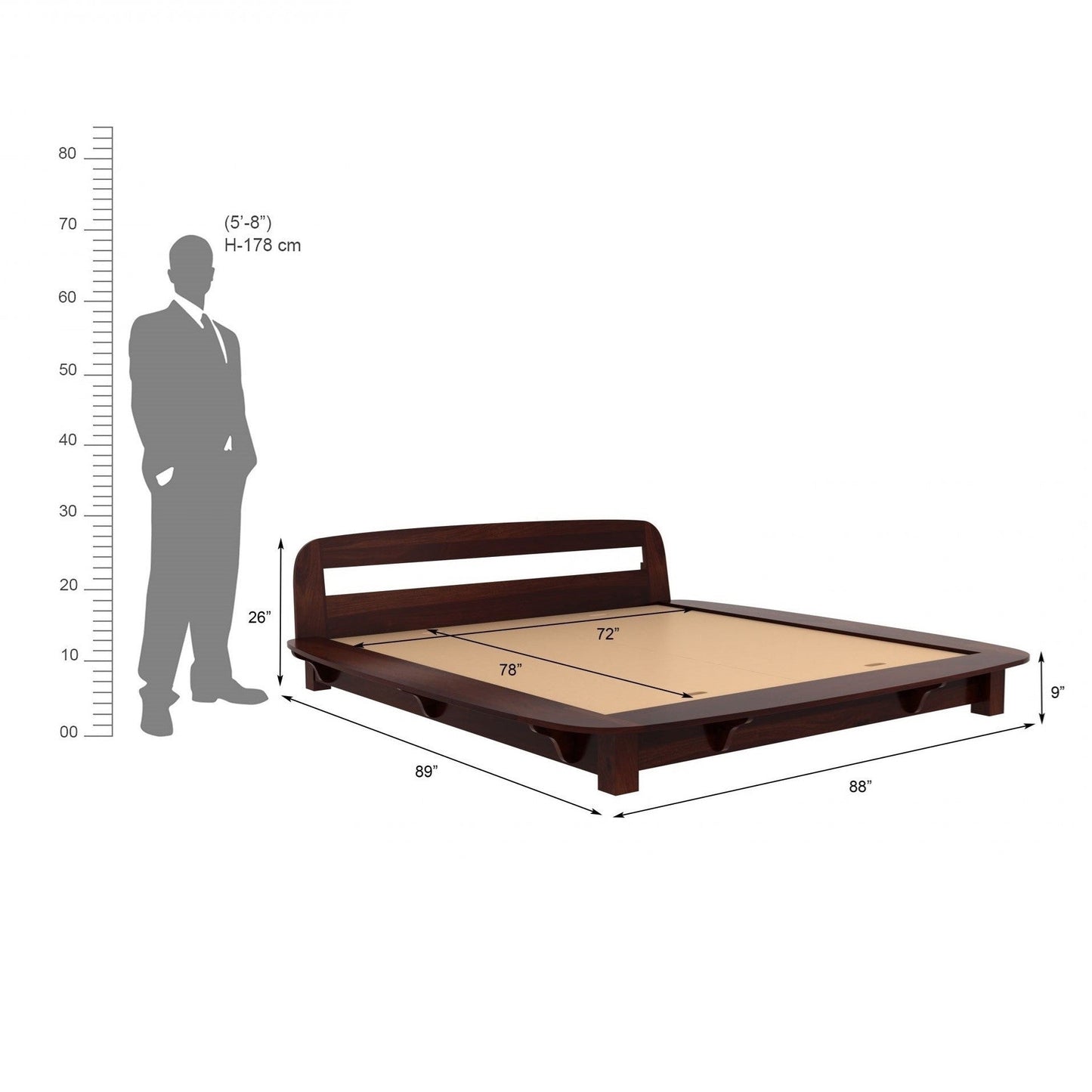 Louis Solid Wood King Size Without Storage Bed In Walnut Finish