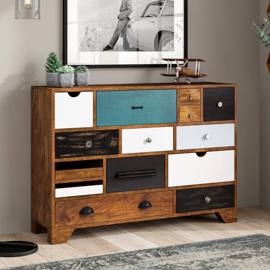 Wonderland Solid Mango Wood Chest of Drawer With Multicolor Drawer in Natural Finish