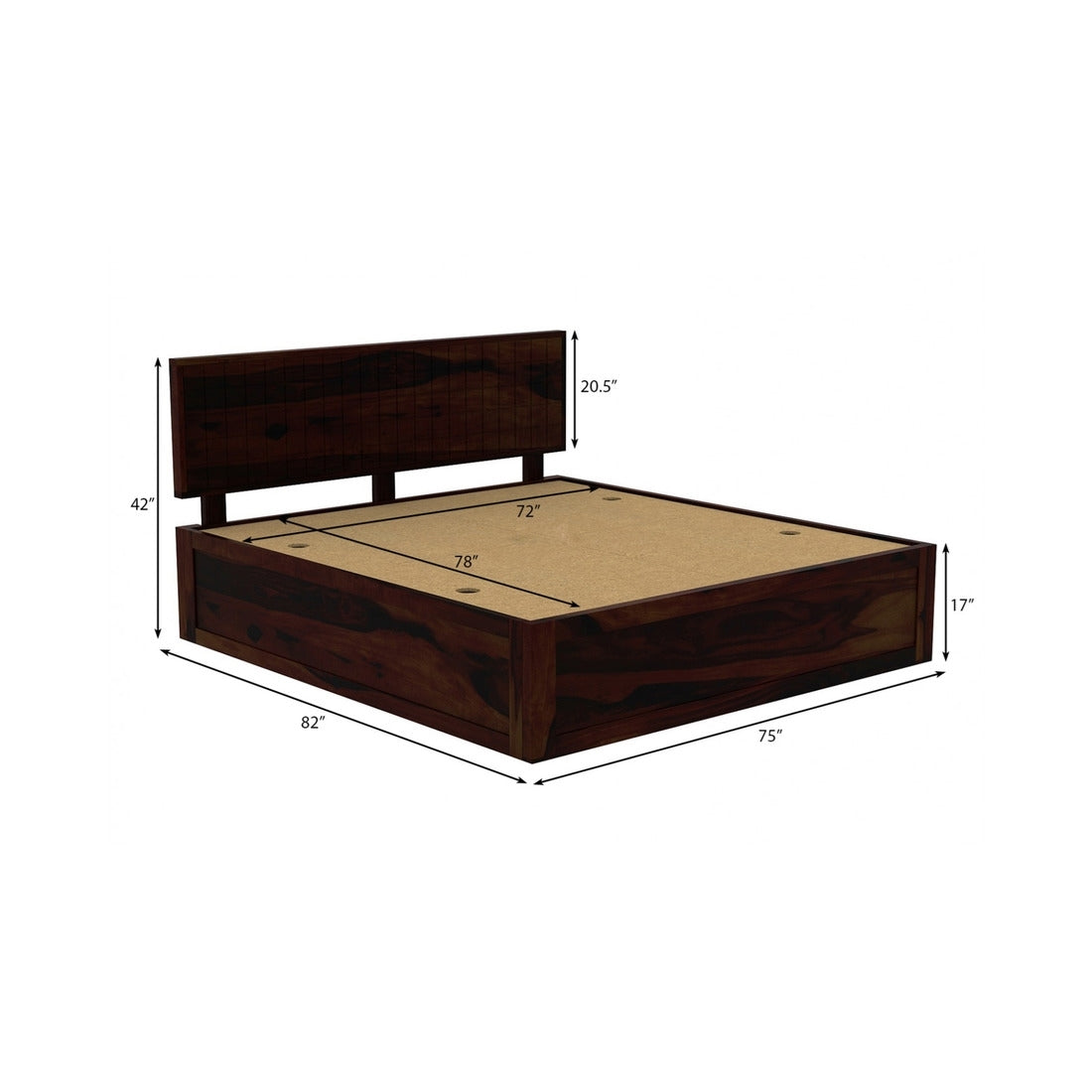 Modern Solid Sheesham Wood King Size Bed with Headboard & Box Storage – Dark Walnut Finish