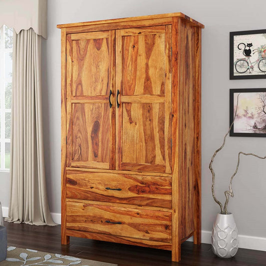 Rustic Solid Sheesham Wood 2 Door 2 Drawer Wardrobe In Light Honey Finish