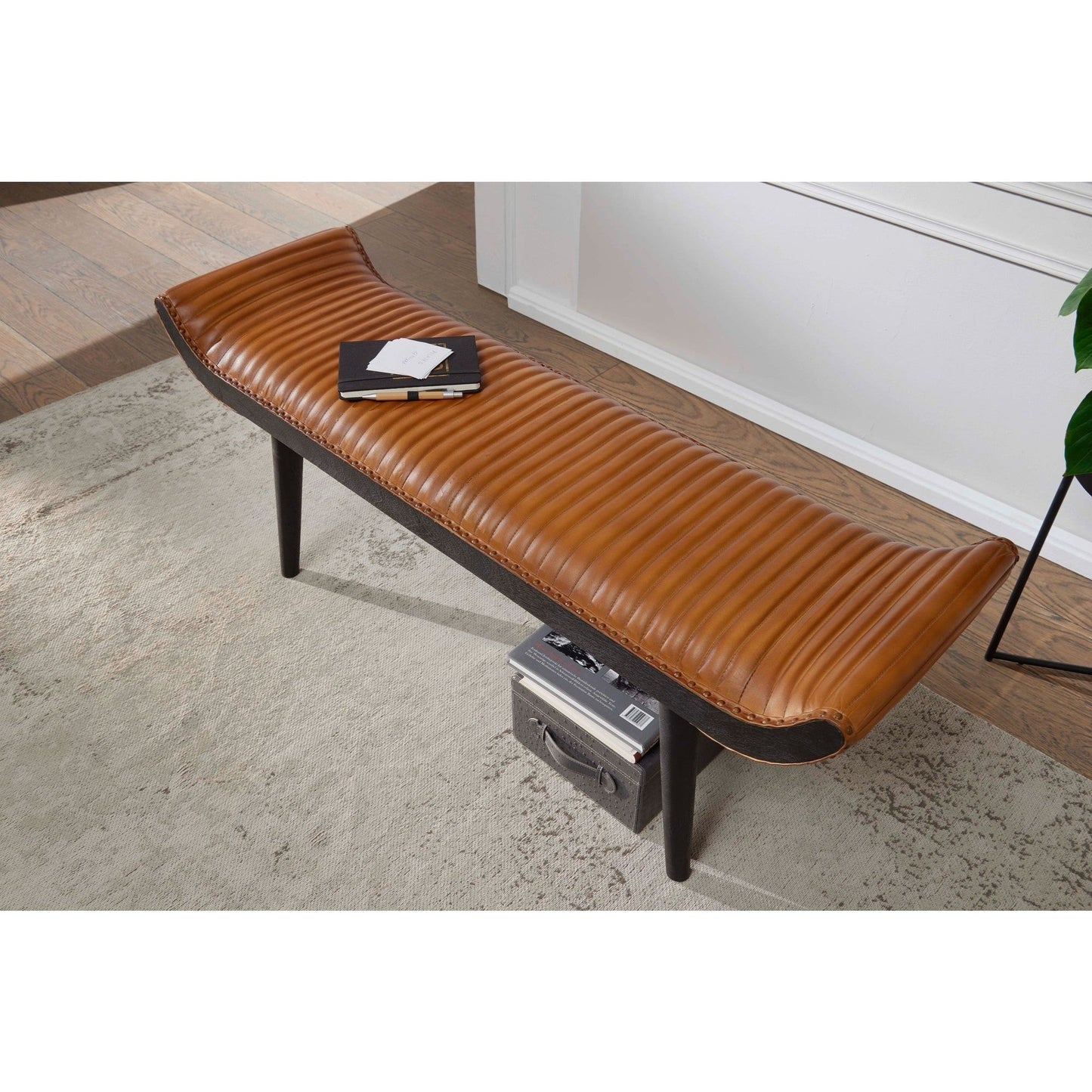 Solid Wood Bench With Real Leather Upholstered