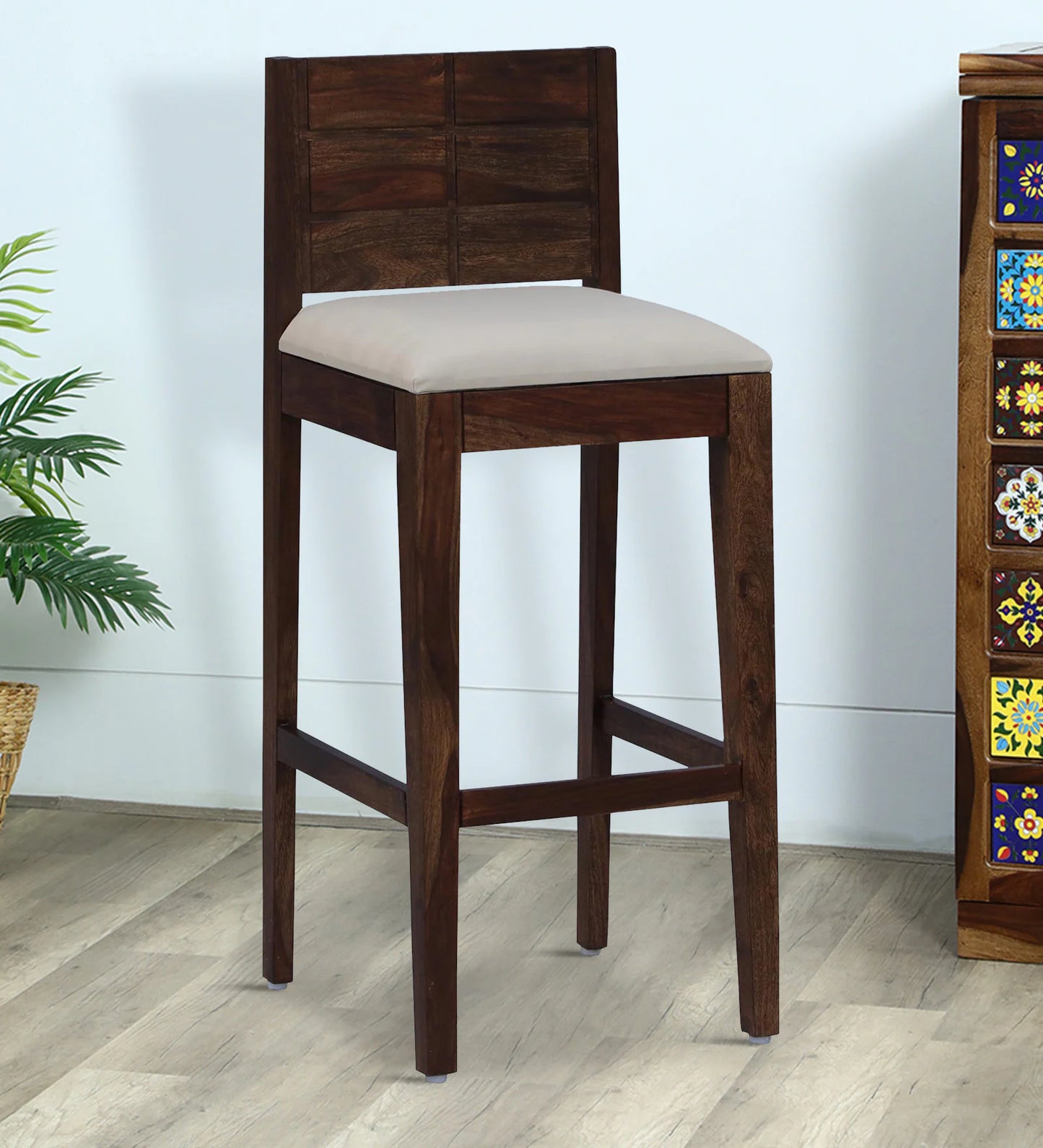 Sheesham Wood High Bar Stool with Backrest, Beige Padded Seat & Provincial Teak Finish