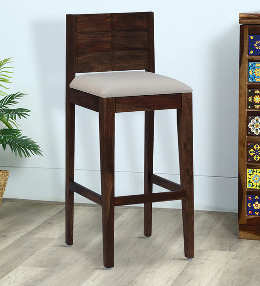Sheesham Wood High Bar Stool with Backrest, Beige Padded Seat & Provincial Teak Finish