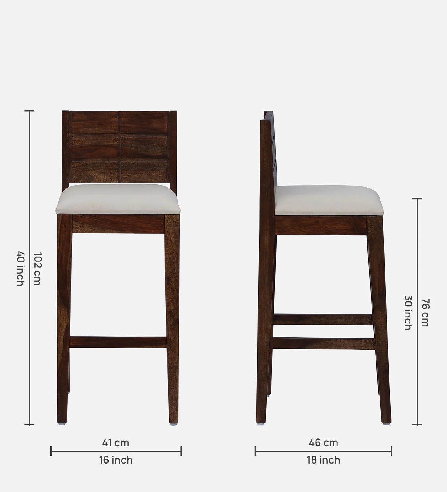 Sheesham Wood High Bar Stool with Backrest, Beige Padded Seat & Provincial Teak Finish