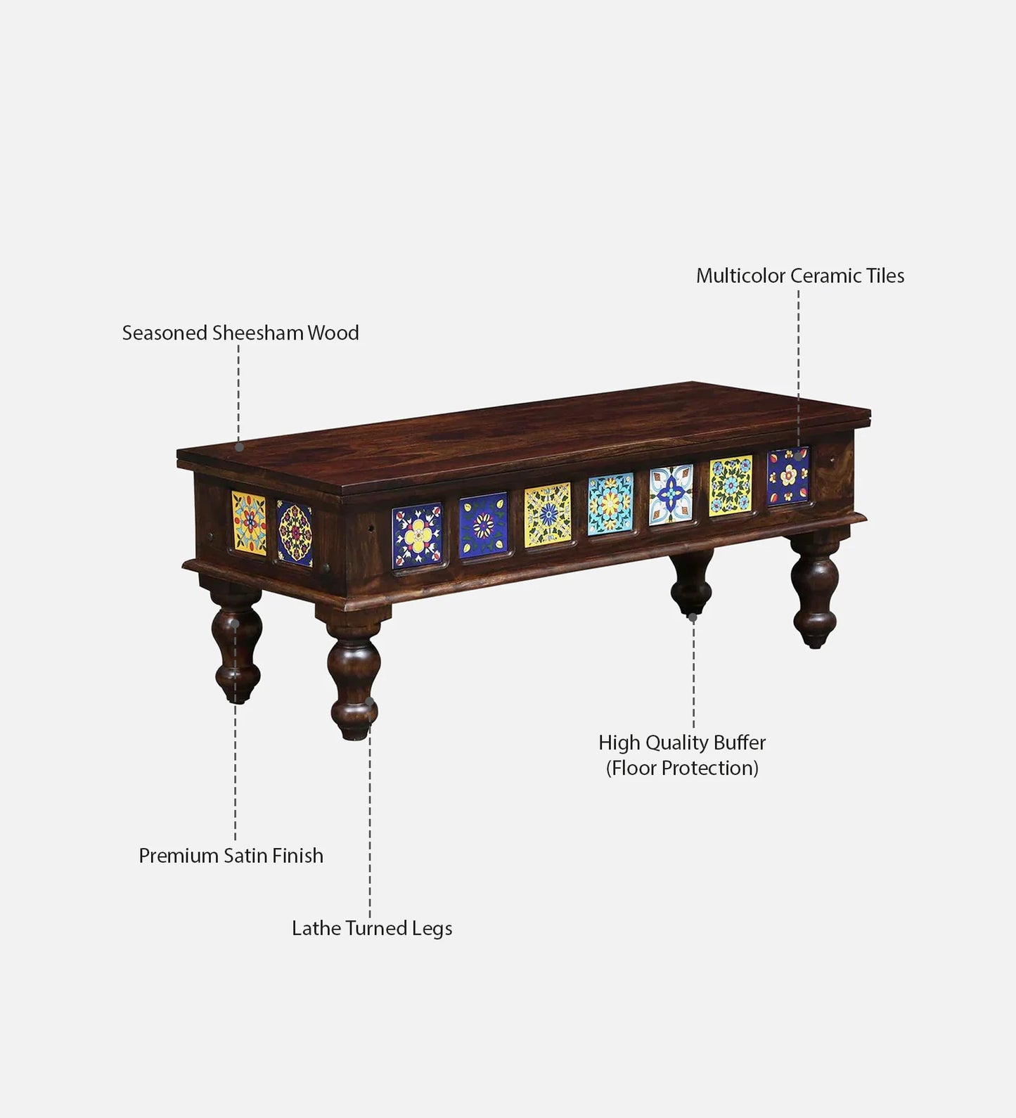 Siramika Solid Sheesham Wood 6-Seater Dining Set with Tiled Bench | Provincial Teak Finish