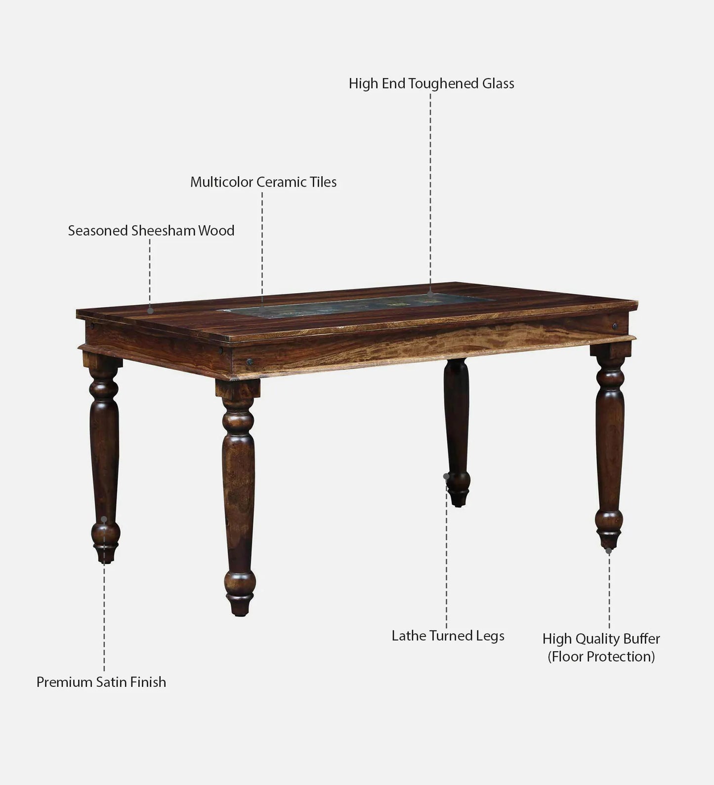 Siramika Solid Sheesham Wood 6-Seater Dining Set with Tiled Bench | Provincial Teak Finish