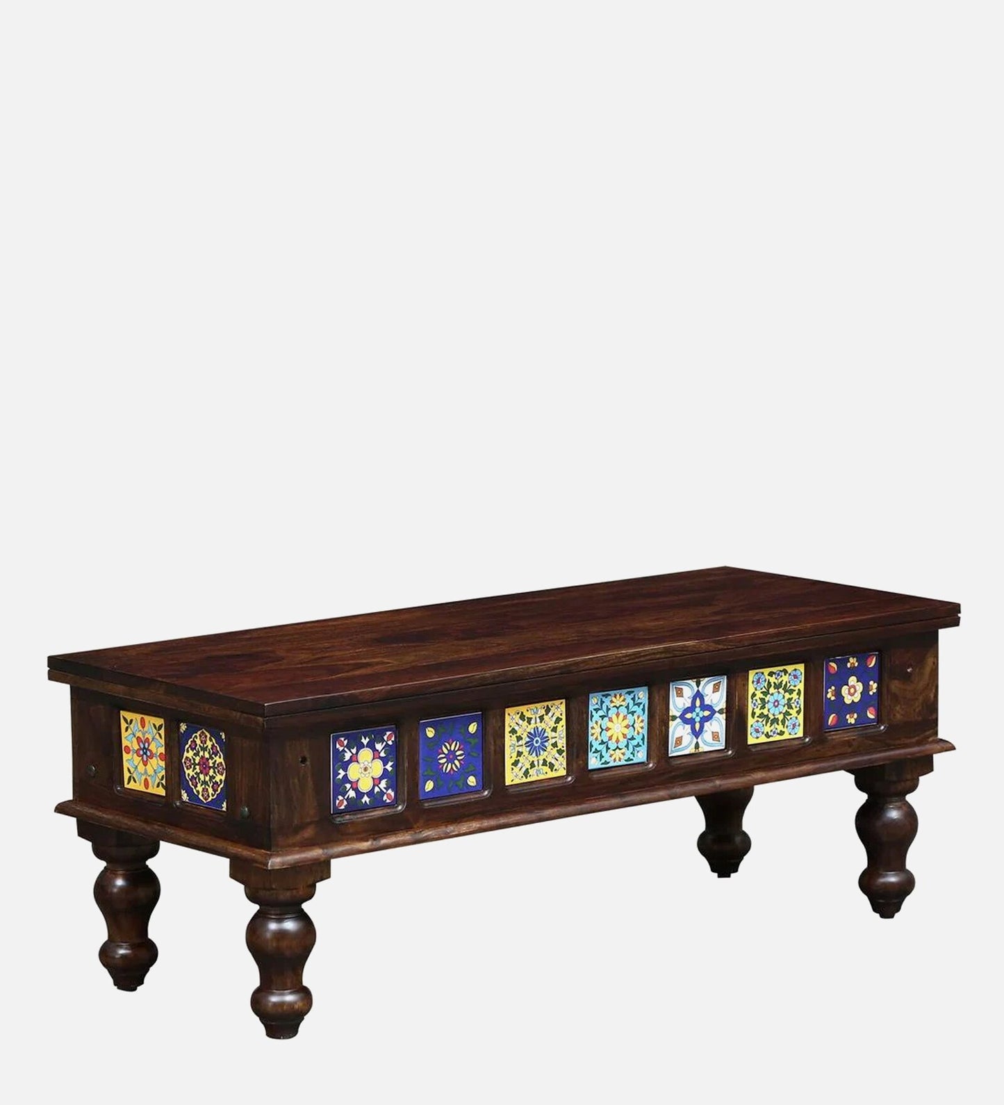 Siramika Solid Sheesham Wood 6-Seater Dining Set with Tiled Bench | Provincial Teak Finish