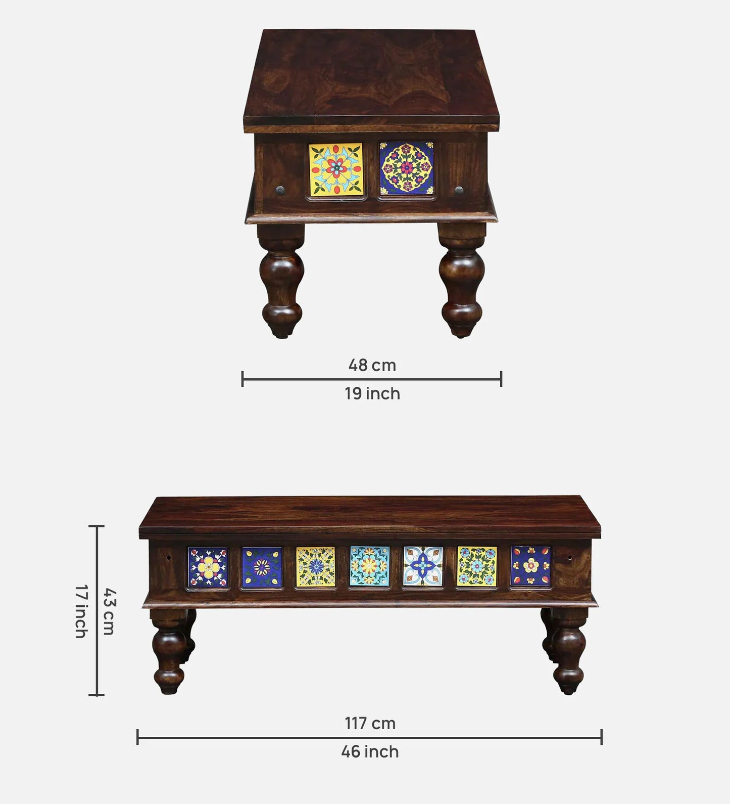 Siramika Solid Sheesham Wood 6-Seater Dining Set with Tiled Bench | Provincial Teak Finish