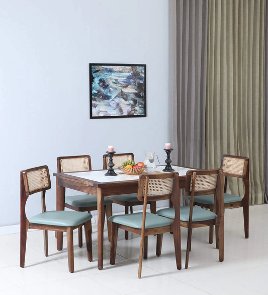 Gistel Sheesham Wood 6 Seater Dining Set In Scratch Resistant Provincial Teak Finish With Marble Top