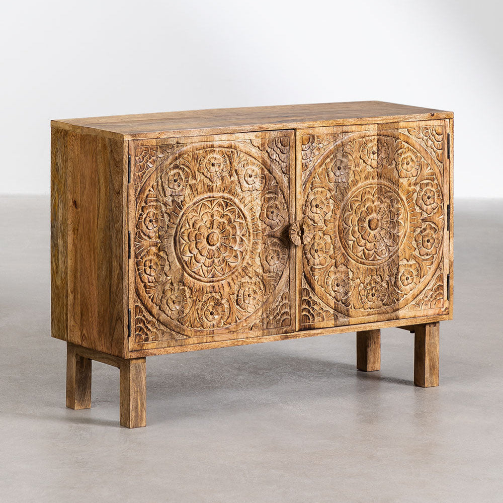Hand-Carved Mandala Mango Wood Sideboard with 2 Door in Natural Finish