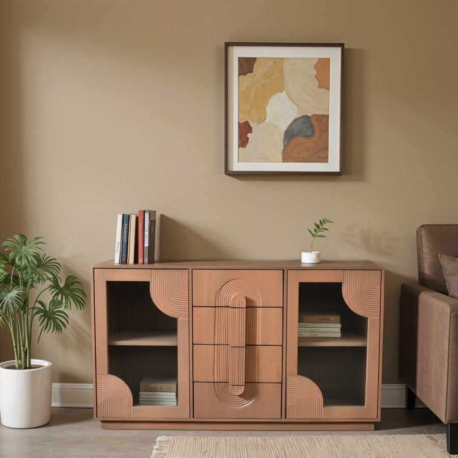 Art Deco-Inspired Fluted Glass Sideboard with 2 Door & 4 Drawer