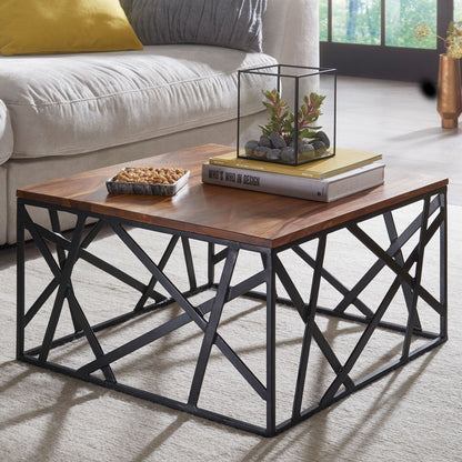 Industrial Square Coffee Table & Abstract Geometric Black Metal Base