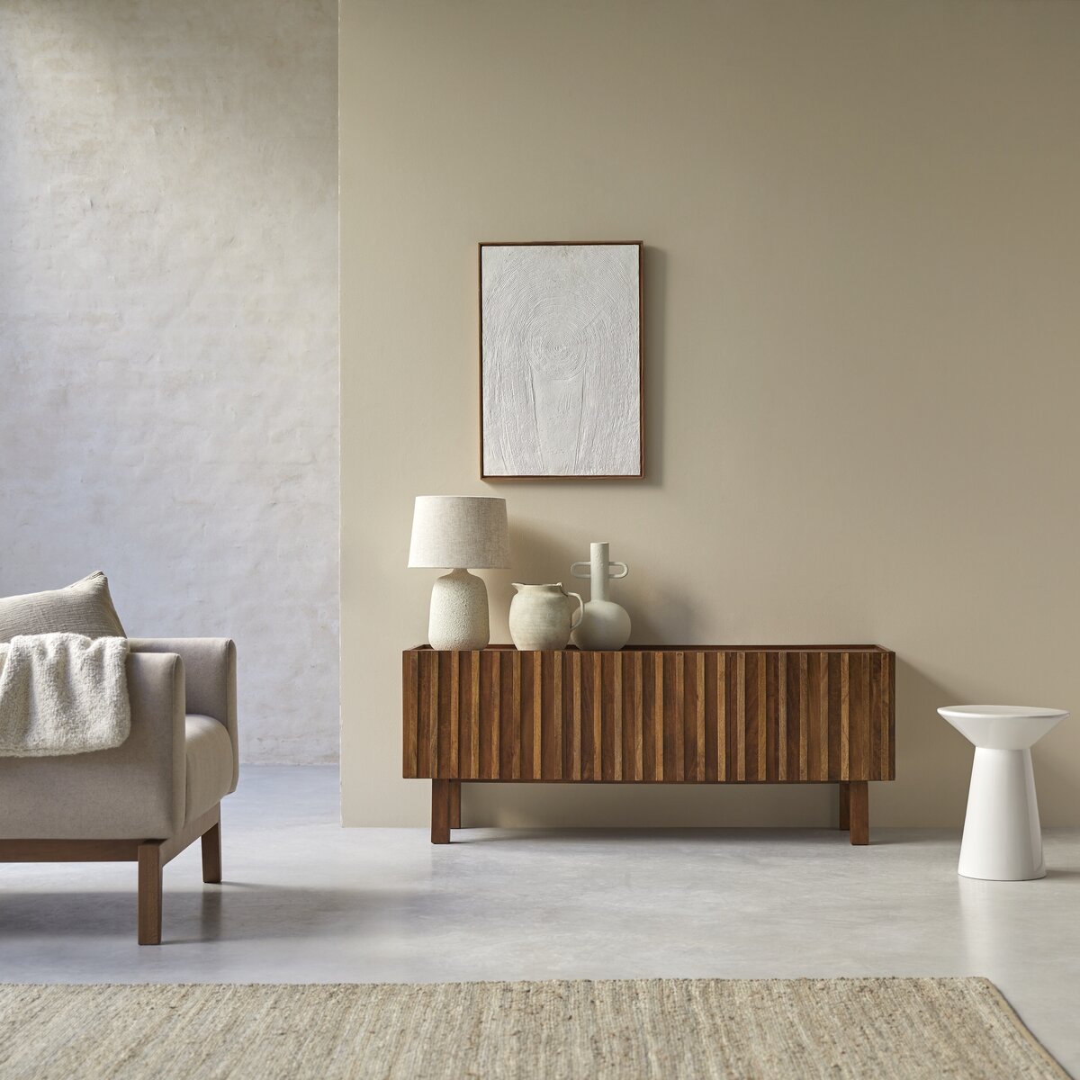 Fluted Solid Mango Wood TV Unit 3 Door with Vertical Slats