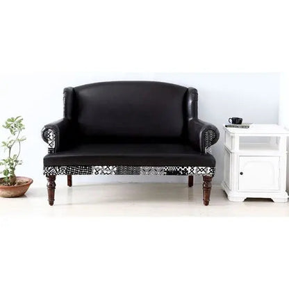 Maharani Sofa Vintage Black Leatherette 2-Seater Sofa with Wooden Legs