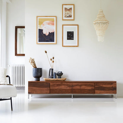 Artisan Solid Wood TV Stand with Storage Drawers & Open Shelf
