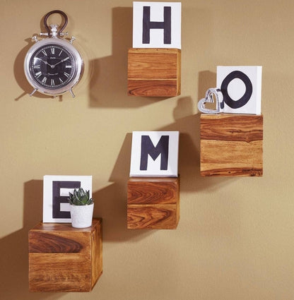 Sheesham Wood Floating Cube Wall Shelf in Teak Finish