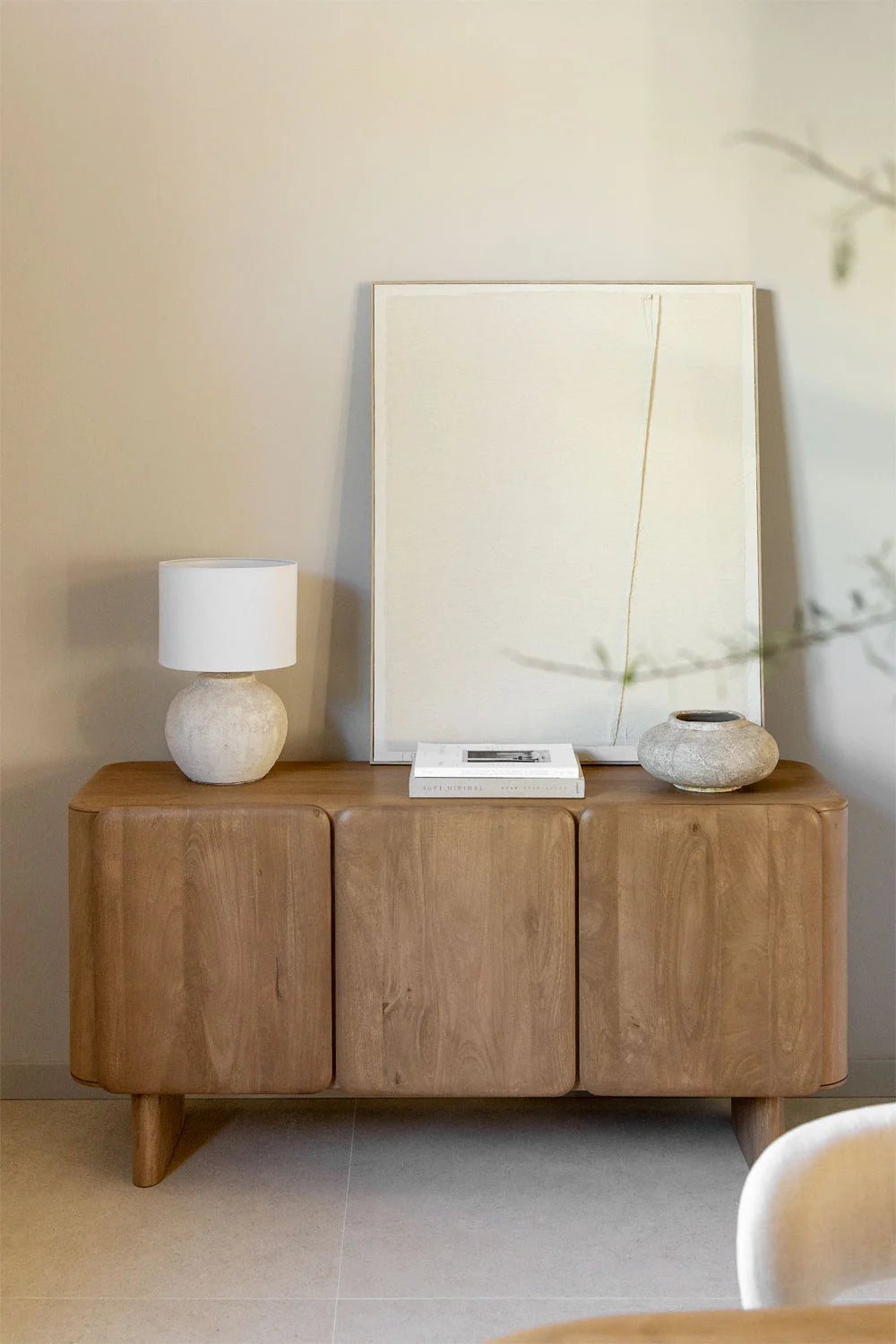 Sculptural Solid Mango Wood Sideboard With 3 Door in White Wash Finish