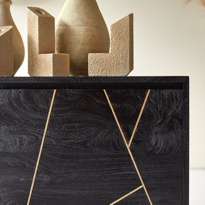 3-Door Black TV Stand Table with Geometric Gold Inlay