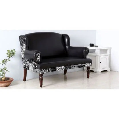 Maharani Sofa Vintage Black Leatherette 2-Seater Sofa with Wooden Legs