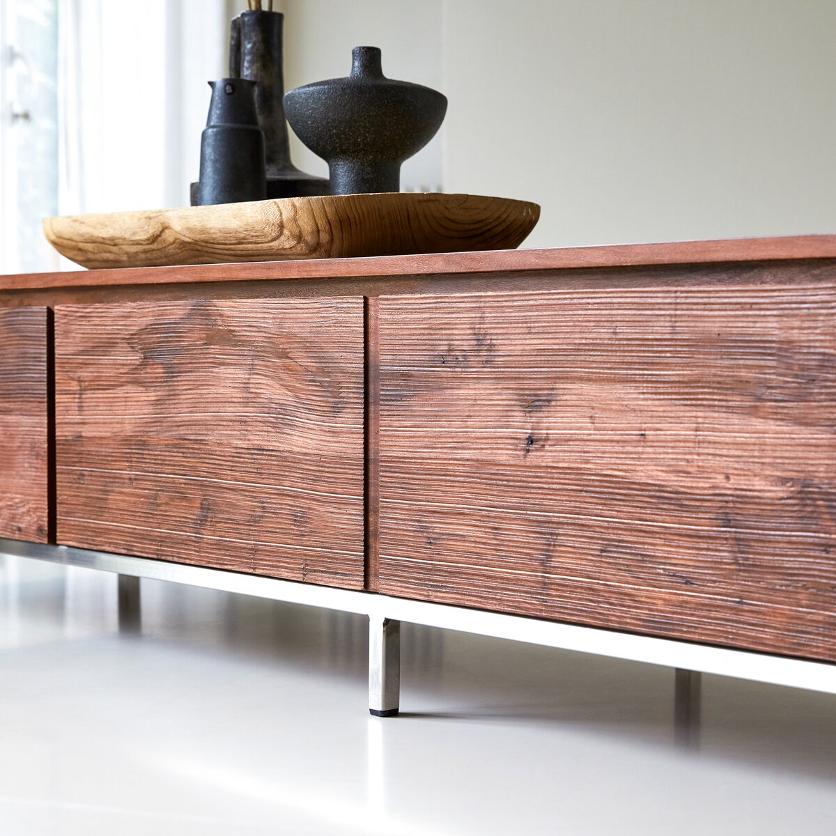 Artisan Solid Wood TV Stand with Storage Drawers & Open Shelf