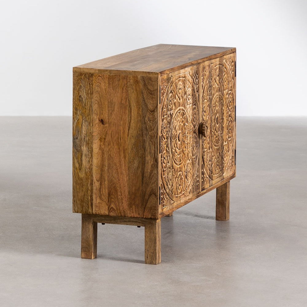 Hand-Carved Mandala Mango Wood Sideboard with 2 Door in Natural Finish