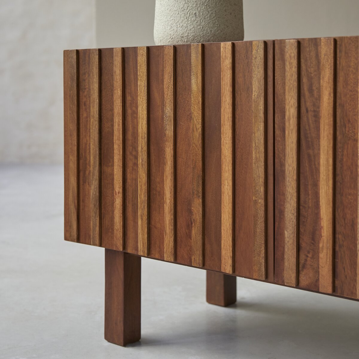 Fluted Solid Mango Wood TV Unit 3 Door with Vertical Slats