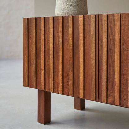 Fluted Solid Mango Wood TV Unit 3 Door with Vertical Slats