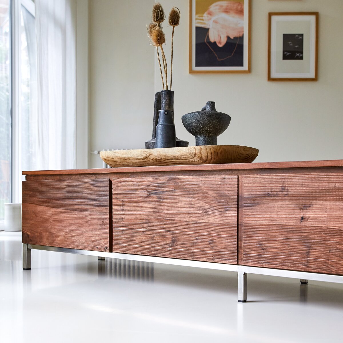 Artisan Solid Wood TV Stand with Storage Drawers & Open Shelf