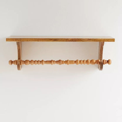 Handcrafted Mango Wood Wall Shelf with Detachable Spindle Bar