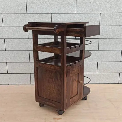 Logan Bar Cabinet Walnut Finish Server Trolley with Drawer & Bottle Rack