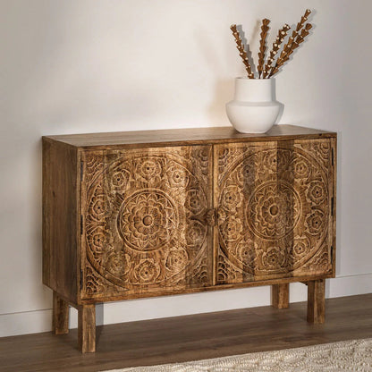 Hand-Carved Mandala Mango Wood Sideboard with 2 Door in Natural Finish