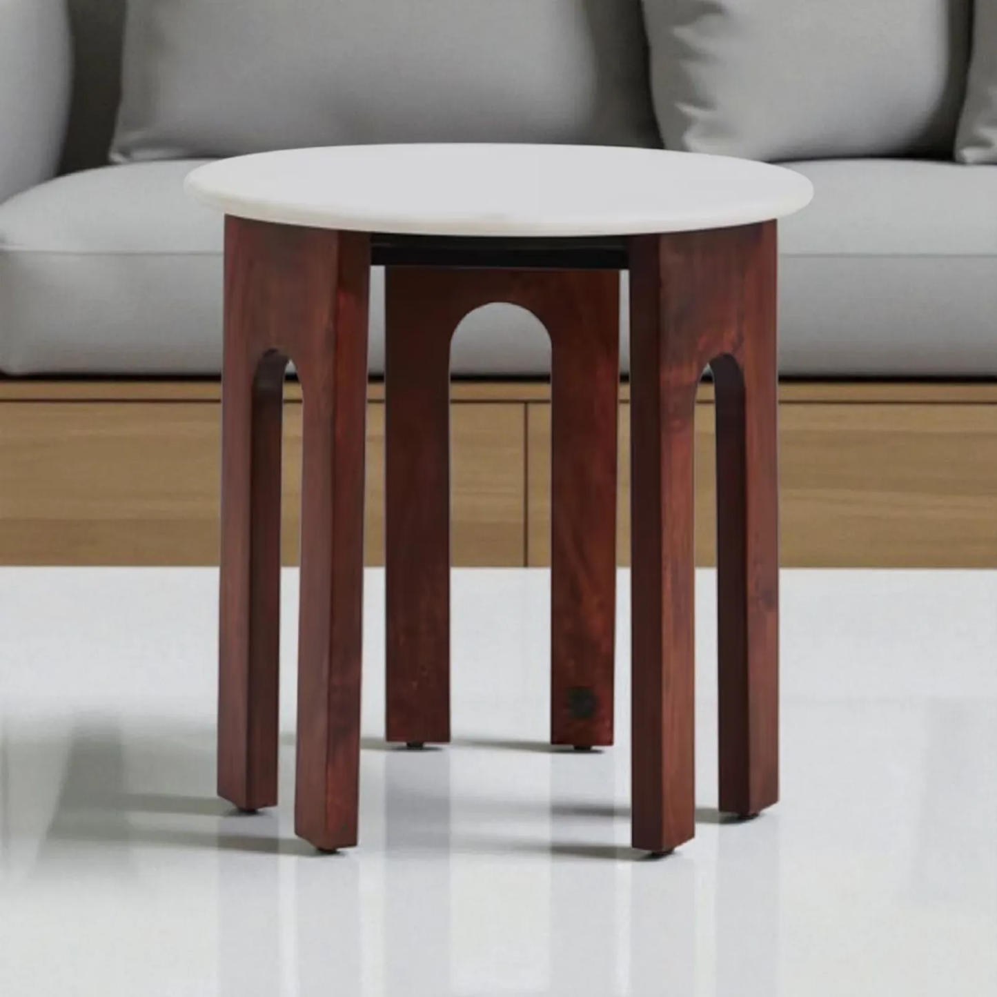 Modern Round Mango Wood Marble Top Side Table