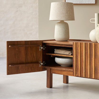 Fluted Solid Mango Wood TV Unit 3 Door with Vertical Slats