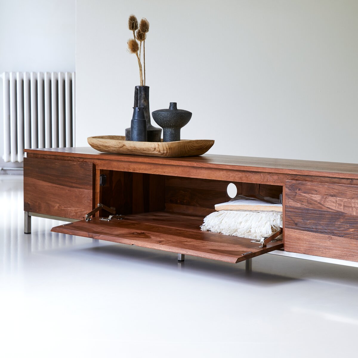 Artisan Solid Wood TV Stand with Storage Drawers & Open Shelf