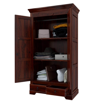 Traditional Solid Wood Wardrobe with Carved Cornice and Storage Drawers | Sheesham/Dark Mahogany Finish Almirah