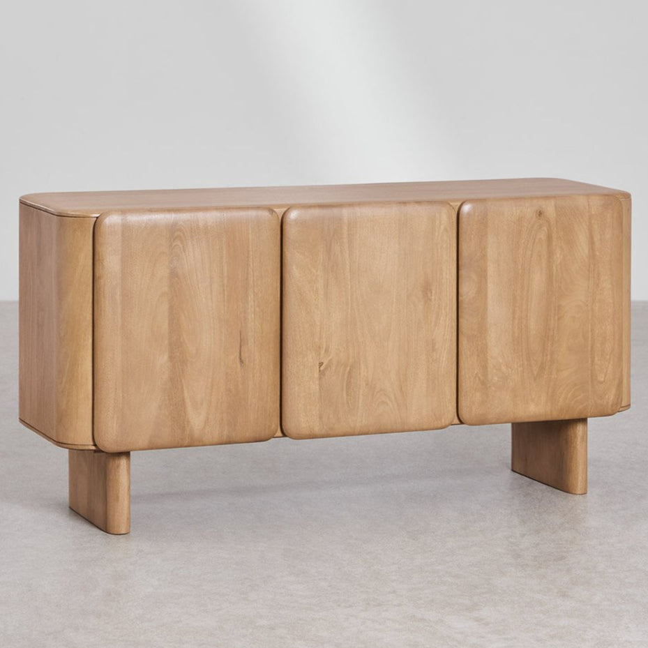 Sculptural Solid Mango Wood Sideboard With 3 Door in White Wash Finish