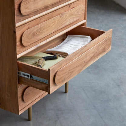 Astrid Solid Acacia Wood Chest of Drawer With 5 Drawer in Natural Finish