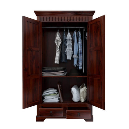 Traditional Solid Wood Wardrobe with Carved Cornice and Storage Drawers | Sheesham/Dark Mahogany Finish Almirah