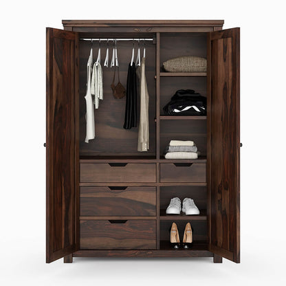 Classic Sheesham Wood 2-Door Wardrobe with Multi-Level Storage