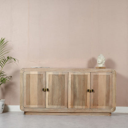 Modern Wooden Ribbed Sideboard with Rounded Edges & Brass Handles