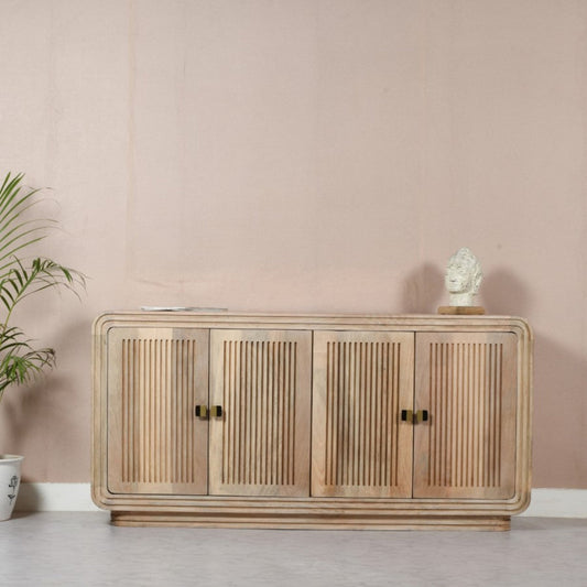 Modern Wooden Ribbed Sideboard with Rounded Edges & Brass Handles