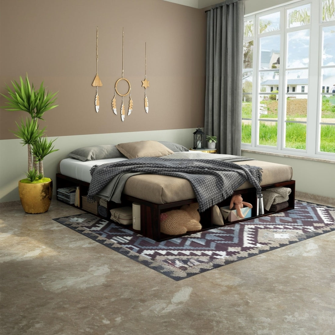 Unicorn Solid Wood Queen Size Drawer Storage Bed In Walnut Finish