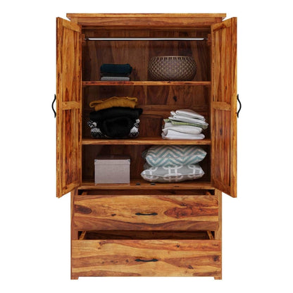 Rustic Solid Sheesham Wood 2 Door 2 Drawer Wardrobe In Light Honey Finish