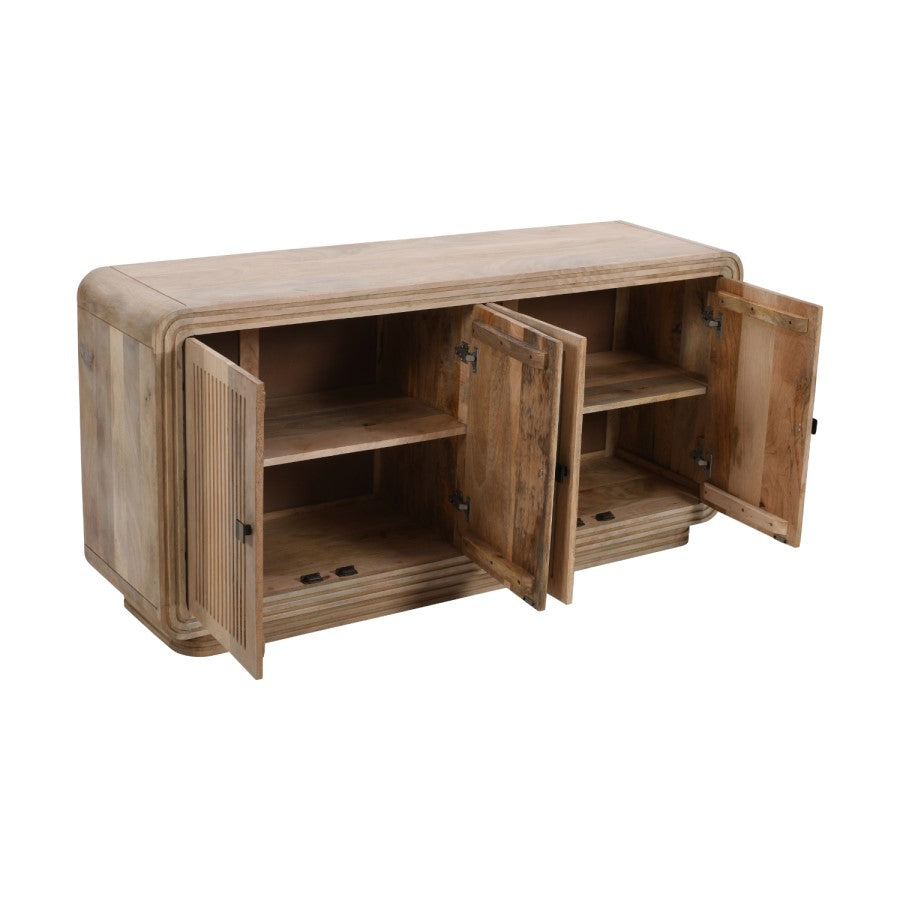 Modern Wooden Ribbed Sideboard with Rounded Edges & Brass Handles