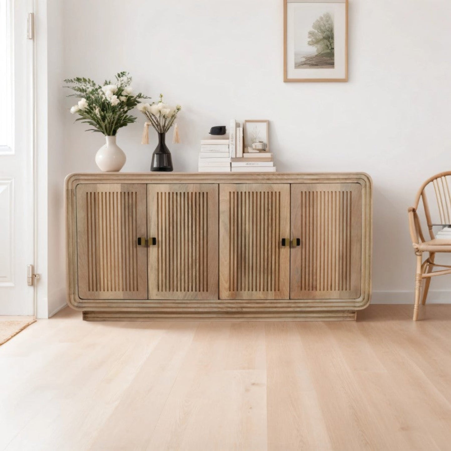 Modern Wooden Ribbed Sideboard with Rounded Edges & Brass Handles