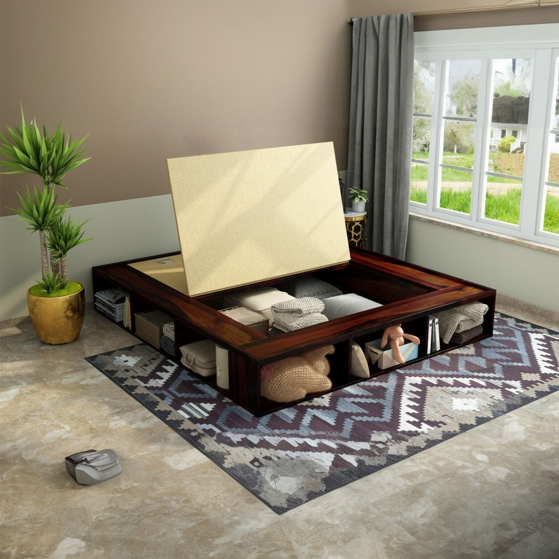 Unicorn Solid Wood Queen Size Drawer Storage Bed In Walnut Finish