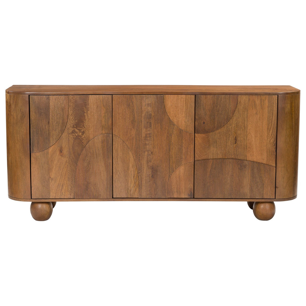 Walnut Finish 3-Door Sideboard with Quarter-Circle Inlay and Ball Fee