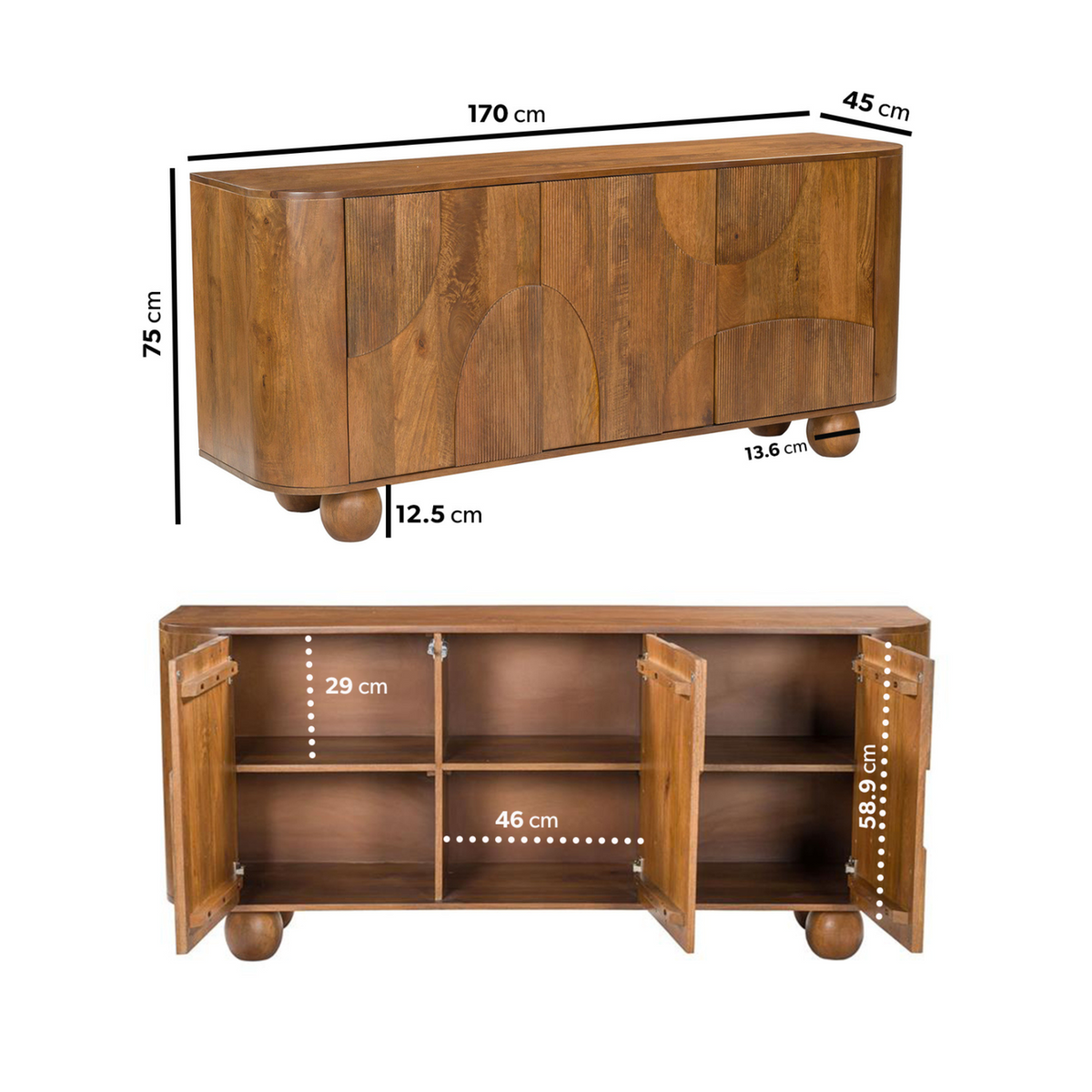 Walnut Finish 3-Door Sideboard with Quarter-Circle Inlay and Ball Fee