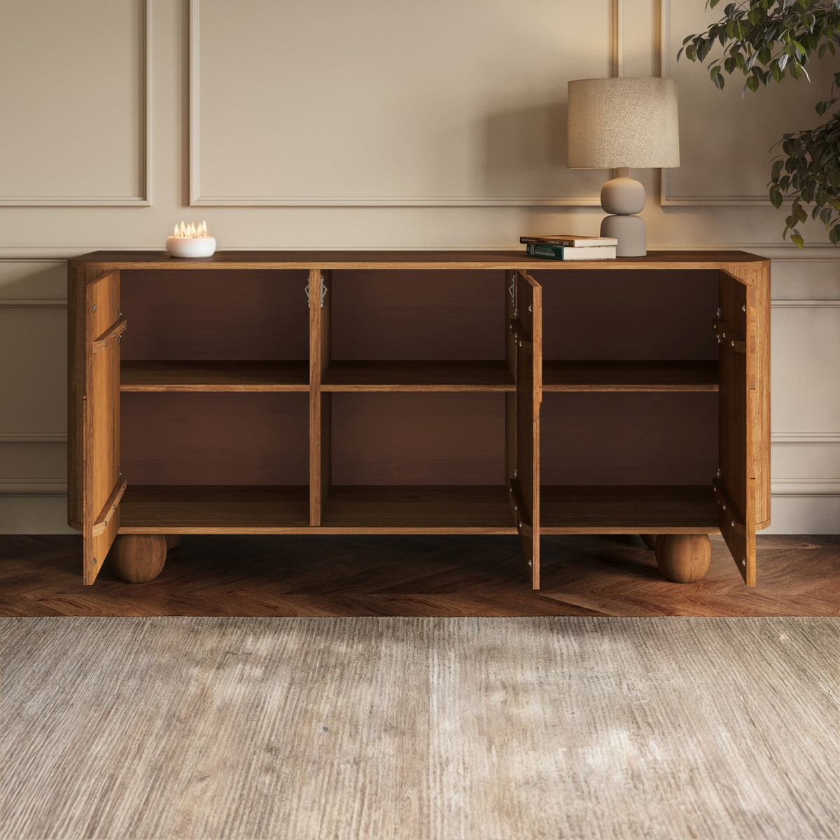 Walnut Finish 3-Door Sideboard with Quarter-Circle Inlay and Ball Fee