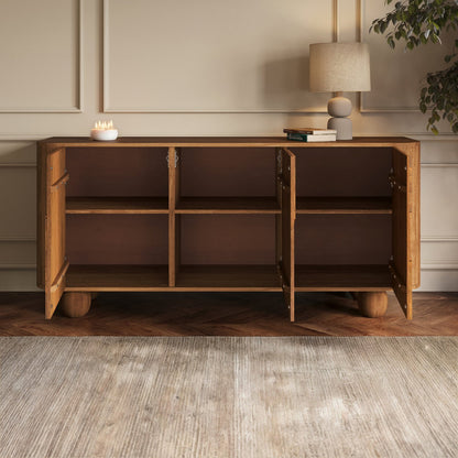 Walnut Finish 3-Door Sideboard with Quarter-Circle Inlay and Ball Fee